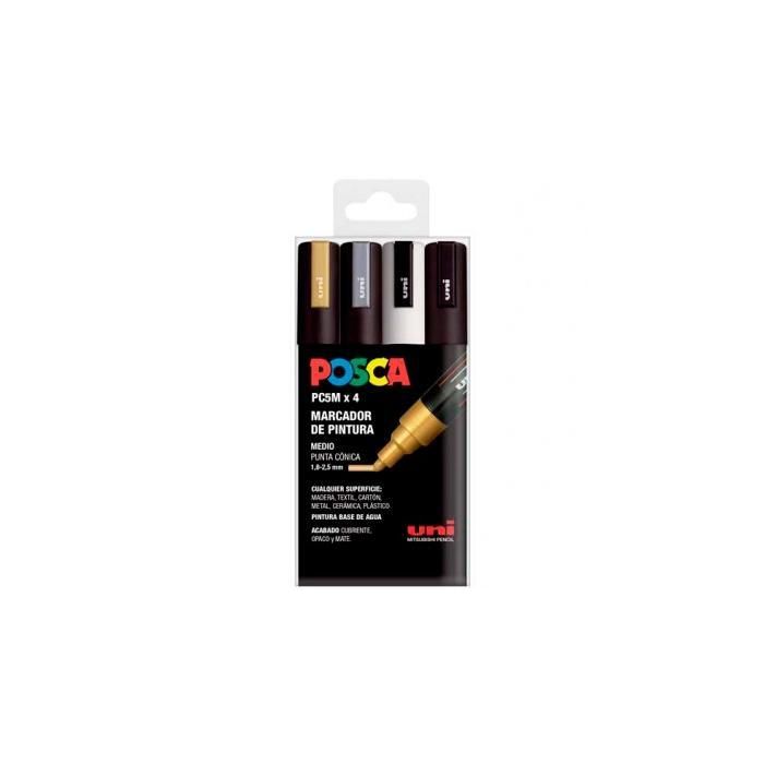POSCA Marcador Pc-5M-4C No Permanente 1.8 mm-2.5 mm, Tinta Base Agua, Colores Surtidos -Estuche 4U-