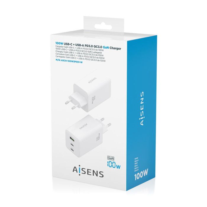 AISENS Cargador GaN 100W, 2x USB-C PD3.0 QC4.0 QC5.0, 1x USB-A QC3.0, Blanco 1 AISENS Cargador GaN 100W, 2x USB-C PD3.0 QC4.0 QC5.0, 1x USB-A QC3.0, Blanco 1