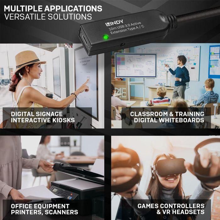 Lindy 43376 - Cable Extensión Activo USB 3.0 de 10m Tipo A a C, 5Gbps para Periféricos 5