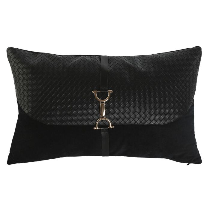 DKD Home Decor Cojín decorativo de Poliéster y PU negro y dorado con cremallera y hebilla, 430 gsm - 50 x 30 x 10 cm