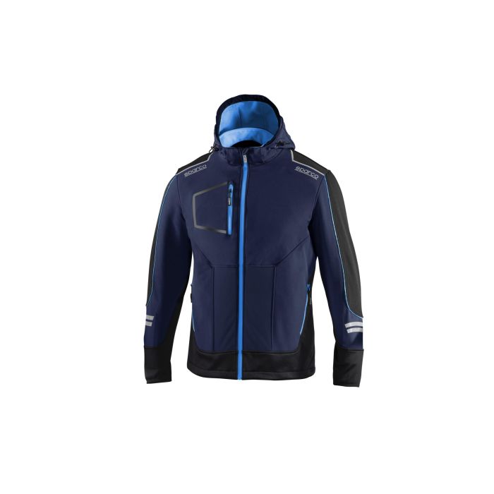 Sparco Chaqueta Softshell Técnica York Azul Marino/Azul - Capucha Desmontable, Reflectante, Multibolsillos (T5 - XXL)