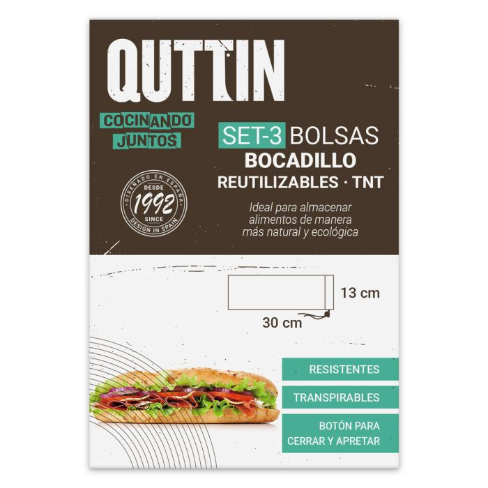 Set de Bolsas Reutilizables para Alimentos Quttin Portabocadillos TNT (Non Woven) 3 Piezas 13 x 30 cm (36 Unidades) 1