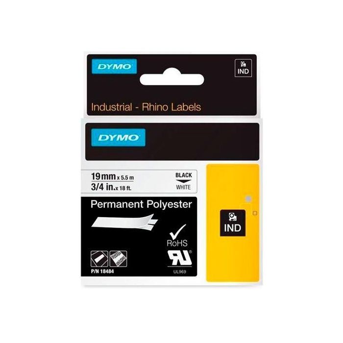 Dymo S0718220 Cinta de Etiquetas Industrial Adhesiva Id1-19 Negra Sobre Blanco 19 mm x 5.5 m Polyester