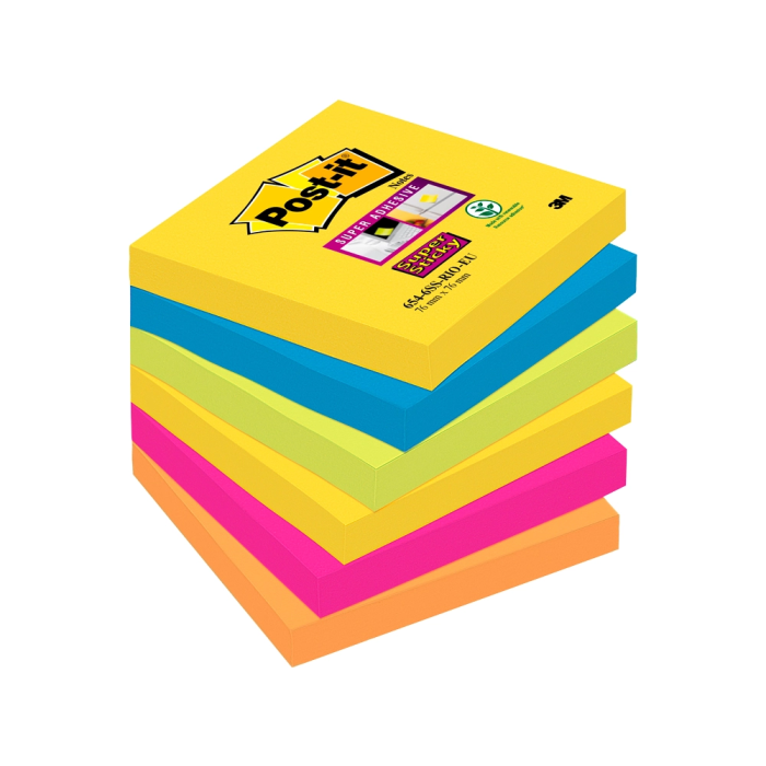 Post-it Bloc de notas adhesivas Super Sticky 76x76 mm con 90 hojas, Pack de 6, Colores Surtidos 1