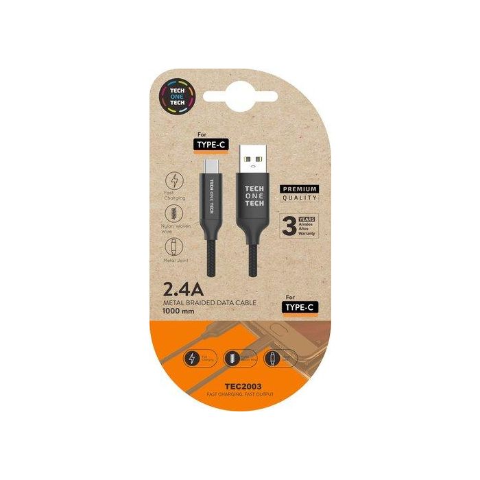 Tech One Tech Cable USB-A a USB-C 1m Nylon Negro, Carga Rápida 2.4A, Resistente y Duradero