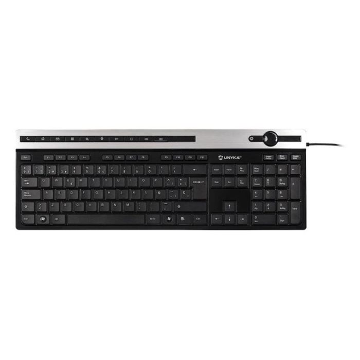 Unykach A2930 Teclado USB Slim de Membrana QWERTY con 12 Teclas Multimedia para Hogar - Negro/Plata