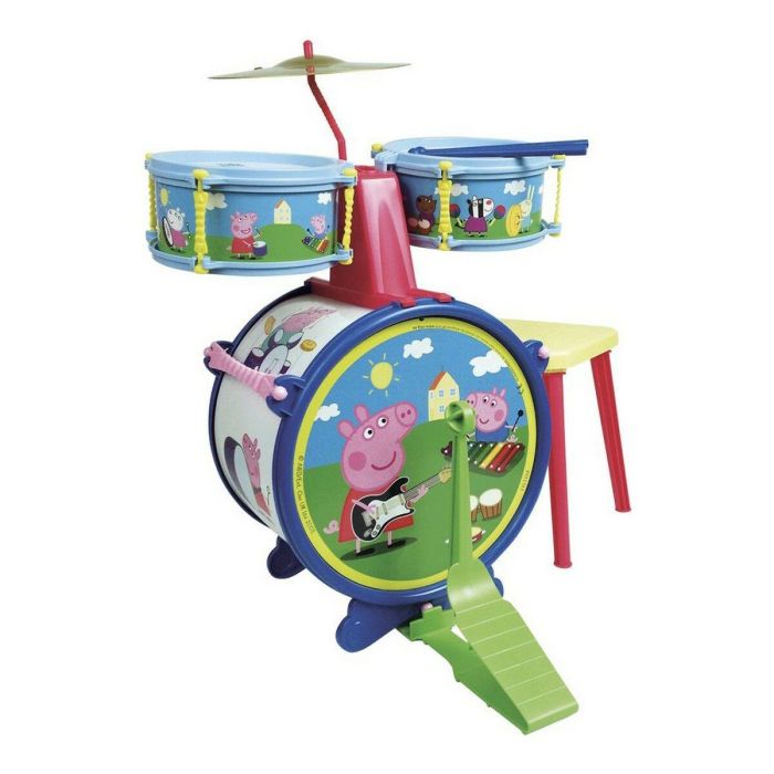 Peppa Pig Batería Musical Sencilla con Banqueta Reig, Instrumento Infantil Plástico para Niños +3 Años - 55x36x38 cm