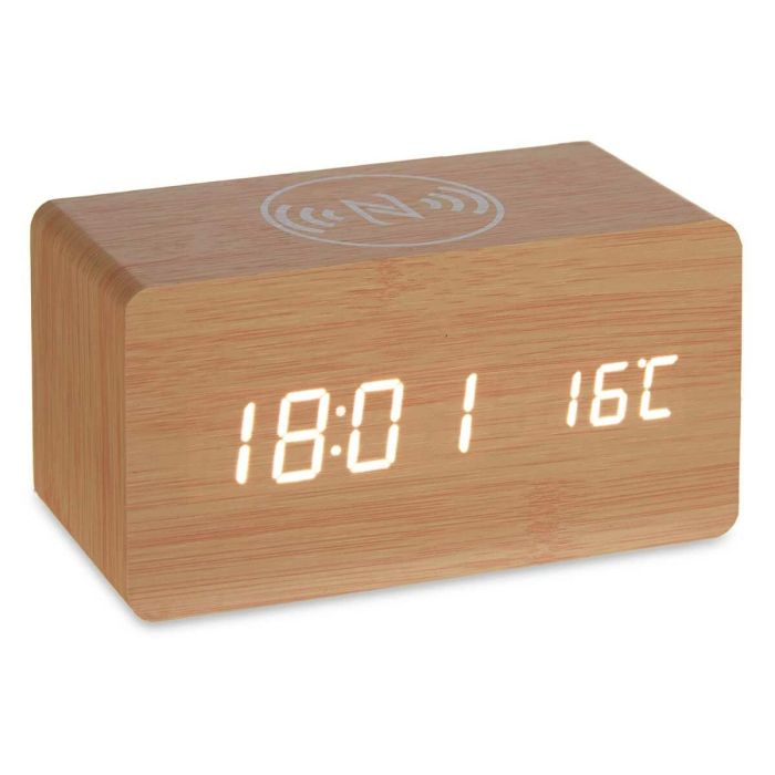 Reloj Despertador con Cargador Inalámbrico Marrón PVC Madera MDF 15 x 7,5 x 7 cm (12 Unidades) 2