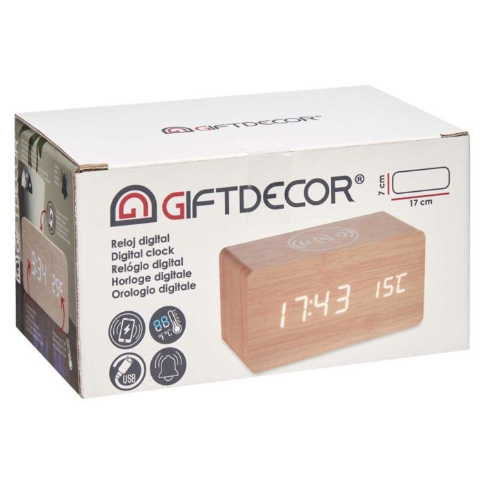 Reloj Despertador con Cargador Inalámbrico Marrón PVC Madera MDF 15 x 7,5 x 7 cm (12 Unidades) 1