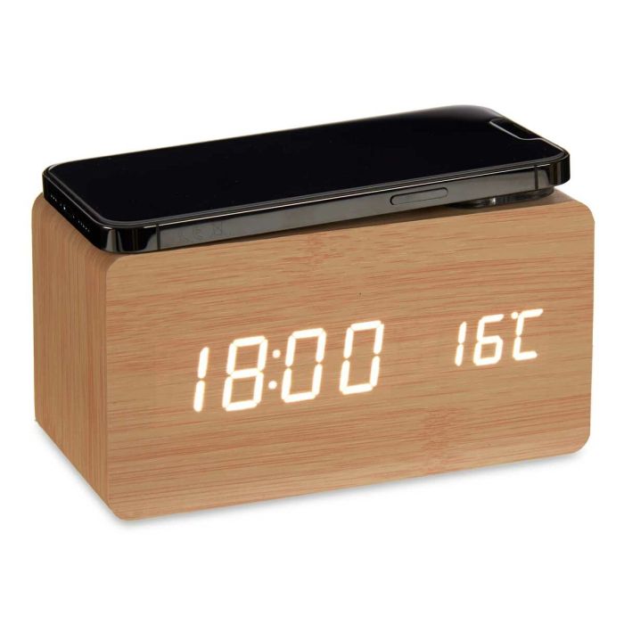 Reloj Despertador con Cargador Inalámbrico Marrón PVC Madera MDF 15 x 7,5 x 7 cm (12 Unidades) 3