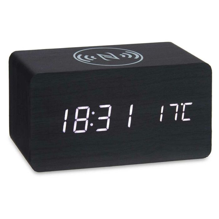 Reloj Despertador con Cargador Inalámbrico Negro PVC Madera MDF 15 x 7,5 x 7 cm (12 Unidades) 2