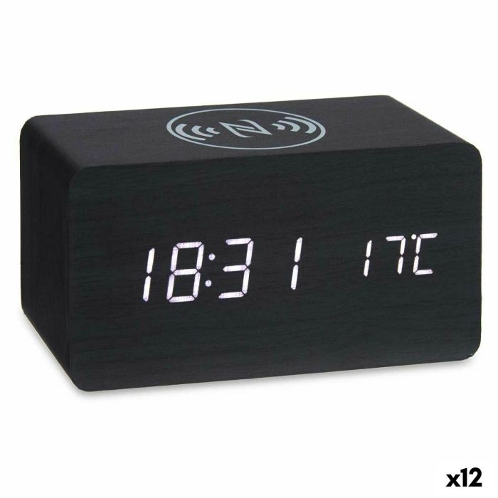 Reloj Despertador con Cargador Inalámbrico Negro PVC Madera MDF 15