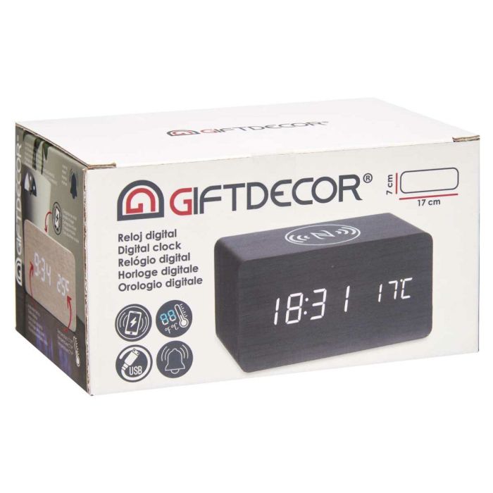 Reloj Despertador con Cargador Inalámbrico Negro PVC Madera MDF 15 x 7,5 x 7 cm (12 Unidades) 1