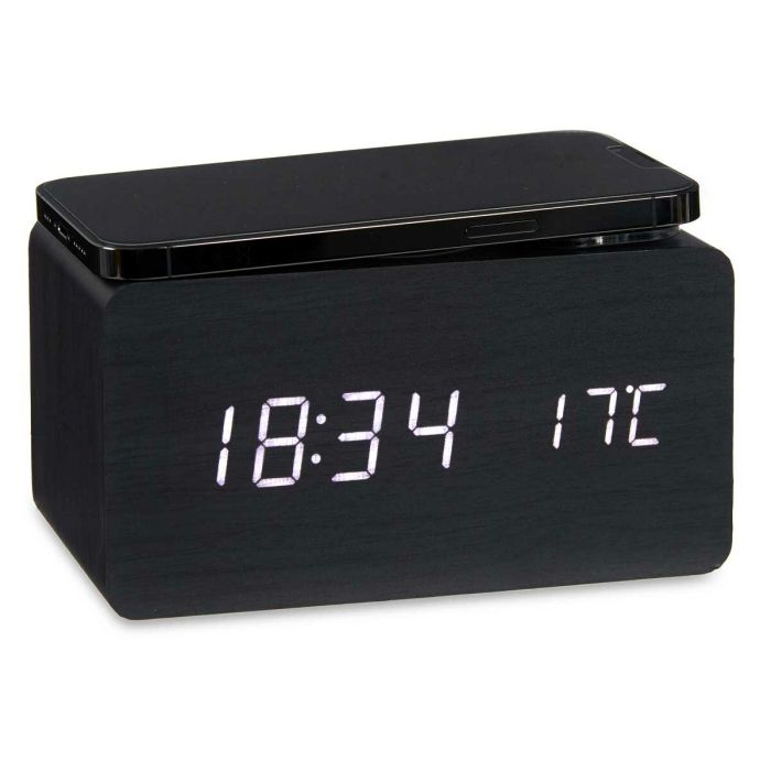 Reloj Despertador con Cargador Inalámbrico Negro PVC Madera MDF 15 x 7,5 x 7 cm (12 Unidades) 3