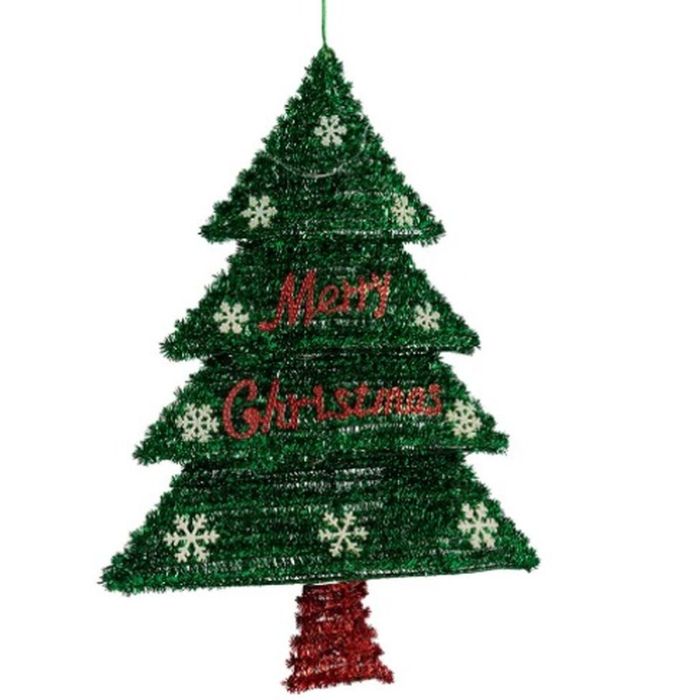 Adorno Navideño Colgante Árbol de Navidad Espumillón Luz LED Rojo Verde Polipropileno PET 44 x 58,8 x 7 cm (12 Unidades) 1