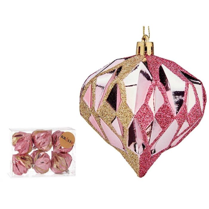 Set de Bolas de Navidad Diamante Rosa Dorado Plástico 8 x 9 x 8 cm (12 Unidades) 1