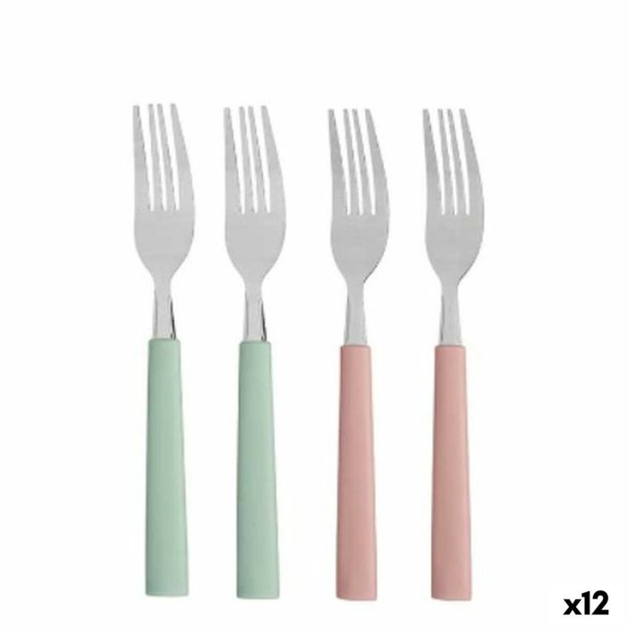 Set de Tenedores Verde Rosa Plateado Acero Inoxidable Plástico 18,7 cm (12 Unidades)