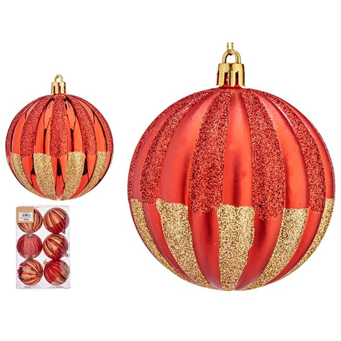 Set de Bolas de Navidad Rayas Rojo Dorado PVC (6 Unidades) 1