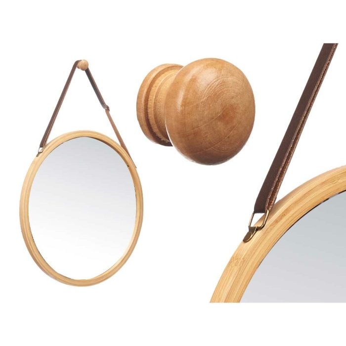 Espejo Colgante Natural Cuero Bambú Redondo 38 x 35 x 1,5 cm (6 Unidades) 2