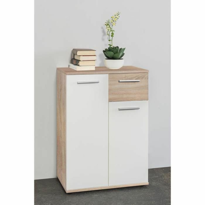 Jacky Mueble de Almacenamiento Clásico con 2 Puertas y 1 Cajón, blanco mate y decoración roble, melamina – Ancho 60 cm 3