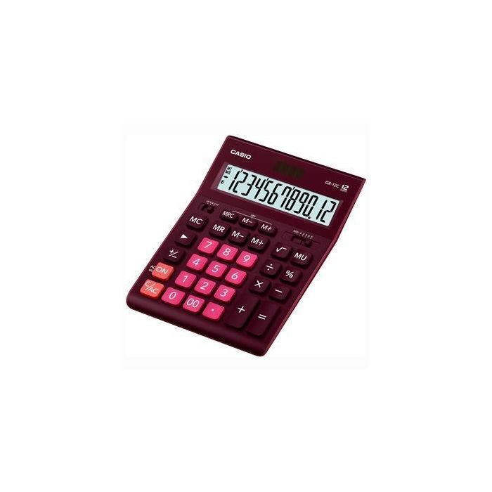Casio Calculadora de Oficina 12 Dígitos Sobremesa Granate - Solar + Pila, Pantalla Extra Grande
