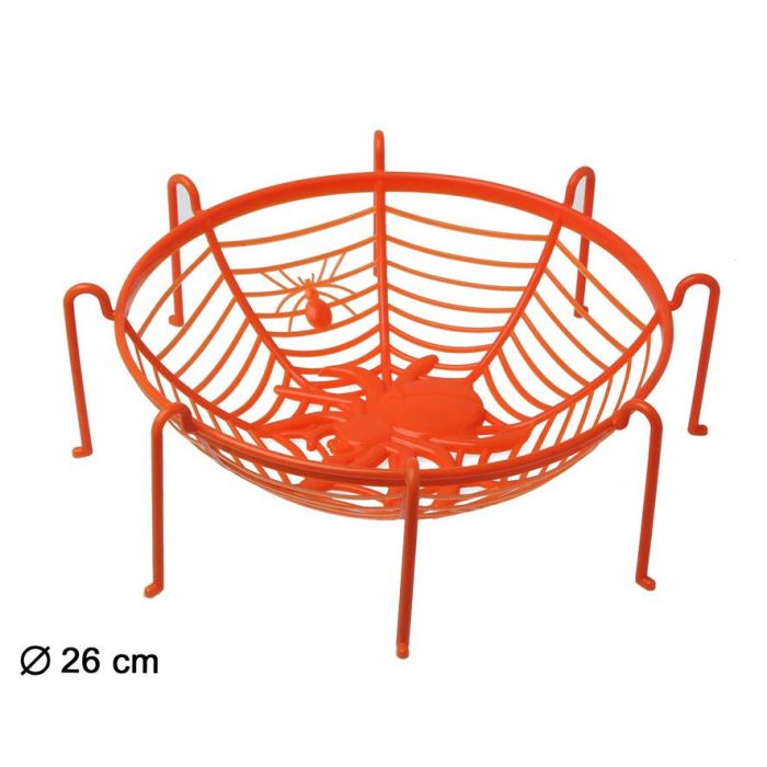 Cesta Decorativa Naranja Halloween 26x10 cm con Diseño Telaraña y Araña, Ideal para Caramelos y Chuches