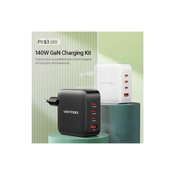 Vention FEIW0-EU Cargador de Pared GaN 140W con 4 Puertos: 3 USB-C (hasta 140W) y 1 USB-A (hasta 18W) para Carga Simultánea 1 Vention FEIW0-EU Cargador de Pared GaN 140W con 4 Puertos: 3 USB-C (hasta 140W) y 1 USB-A (hasta 18W) para Carga Simultánea 1