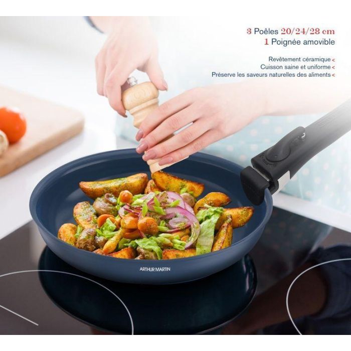 Juego de 3 sartenes - Aptas para todo tipo de fuegos, incluida inducción - ARTHUR MARTIN - AM2033 - Revestimiento cerámico - Ø 20-24-28 cm + mango extraíble - Azul 1 Juego de 3 sartenes - Aptas para todo tipo de fuegos, incluida inducción - ARTHUR MARTIN - AM2033 - Revestimiento cerámico - Ø 20-24-28 cm + mango extraíble - Azul 1