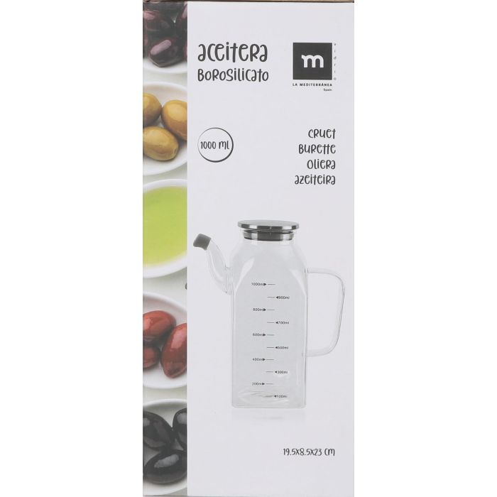 La Mediterranea Aceitera Cuadrada Borosilicato y Tapa Metal 1000 ml - 8,5 cm x 22 cm x 17 cm (6 Unidades)