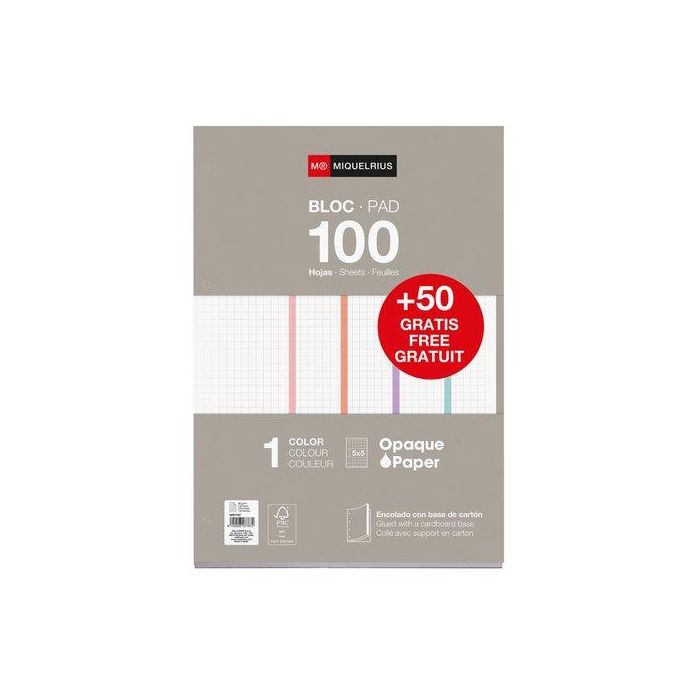 Recambio Miquelrius Notebook 1 A4 100+50H 90Gr Encolado 4 Taladros Cuadric.5X5 Gris