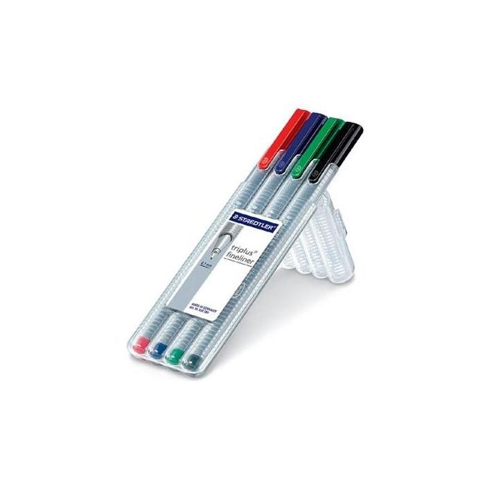 STAEDTLER Fineliner triplus 0.3mm, estuche de 4 unidades, colores surtidos (Negro, Azul, Verde, Rojo)