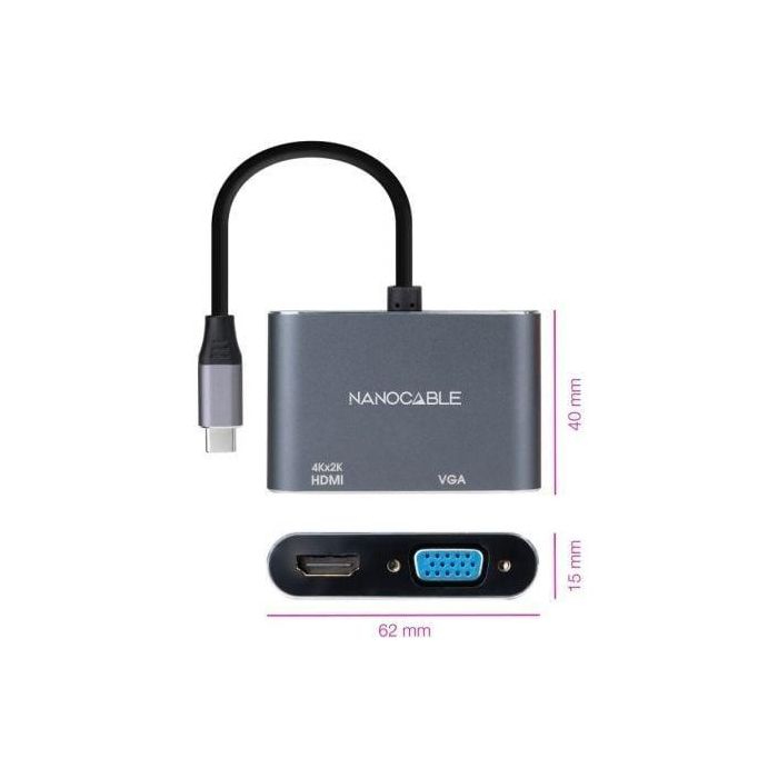 Nanocable 10.16.4303 Conversor USB-C Macho a HDMI Hembra 4K, VGA Hembra 1920x1200, Compatible Macbook Pro/Chromebook, 15cm Gris Aluminio 1