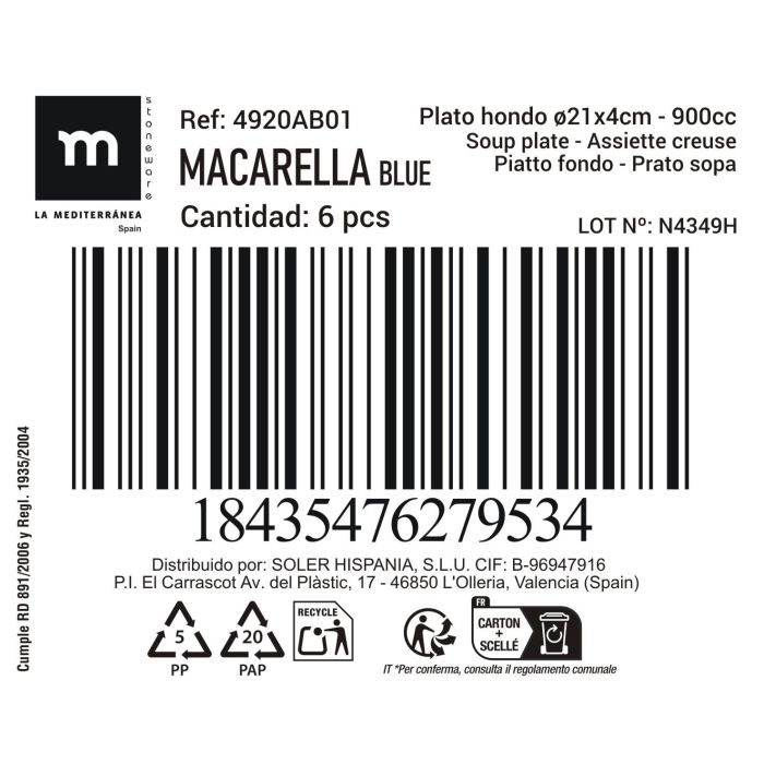 La Mediterranea Plato Hondo Macarella Blue 21 cm x 4 cm, 661 g (18 Unidades) 2