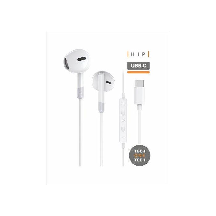 Tech One Tech Auriculares Eartech Hip con Micrófono, USB-C, Control de Volumen, Reducción de Ruido, Compatible con Apple/Android/Windows - Blanco