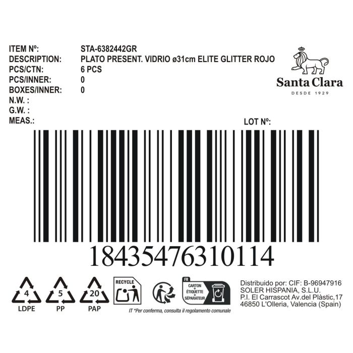Inde Bajoplato de Vidrio Elite Glit Rojo Sta Clar, Plato Decorativo o Base, 31 cm (6 Unidades) Inde Bajoplato de Vidrio Elite Glit Rojo Sta Clar, Plato Decorativo o Base, 31 cm (6 Unidades)