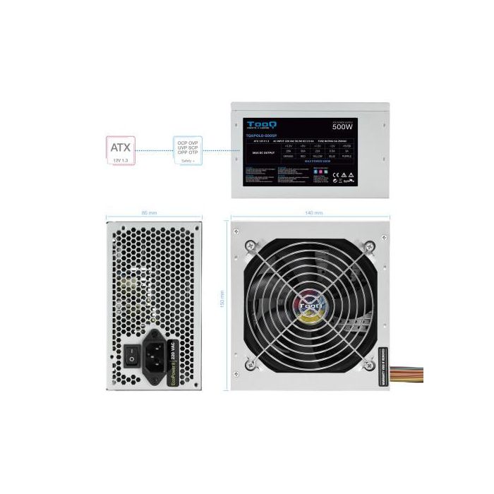 TooQ TQAPOLO-500SP Fuente de Alimentación 500W PFC Activo ATX 12V V1.3 Ventilador Silencioso 120mm Eficiencia >78% 3