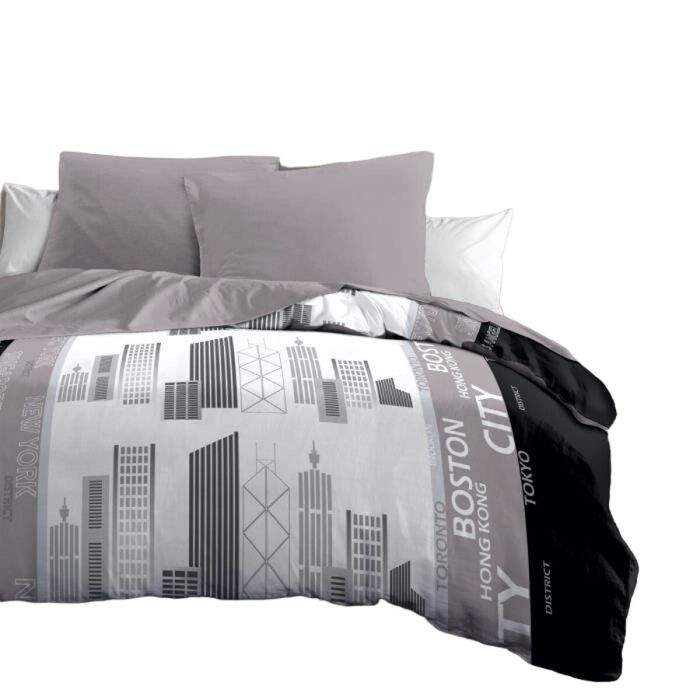 DISTRITO Funda nórdica de microfibra - 1 funda nórdica 220x240 cm + 2 fundas de almohada 63x63 cm - Gris y negro DISTRITO Funda nórdica de microfibra - 1 funda nórdica 220x240 cm + 2 fundas de almohada 63x63 cm - Gris y negro