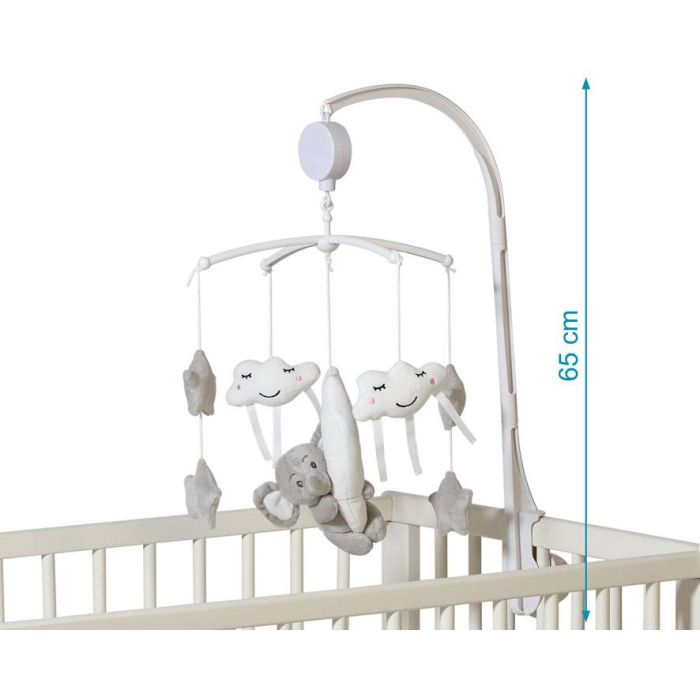 KioKids Móvil Musical para Cuna Elefante Gris con Nubes y Estrellas, Nana Relajante Mecanismo de Cuerda Colección Dolci Amici para Bebés +0 Meses 3