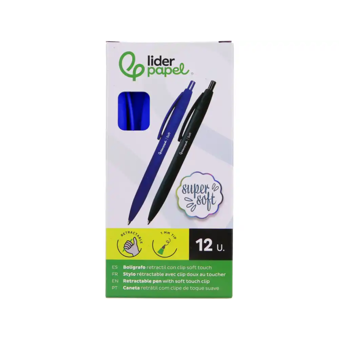 Liderpapel Bolígrafo Retráctil con Clip, Punta 1 mm, Tinta Azul, Acabado Soft Touch, Cuerpo Azul