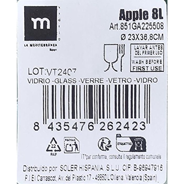 Inde Garrafa de Vidrio 8 Litros Ø23x36,8 cm con Tapa Modelo Apple (2 Unidades) 4 Inde Garrafa de Vidrio 8 Litros Ø23x36,8 cm con Tapa Modelo Apple (2 Unidades) 4