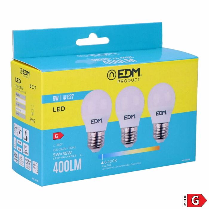 Pack de 3 bombillas LED EDM G 5 W E27 400 lm Ø 4,5 x 8 cm (6400 K) 4