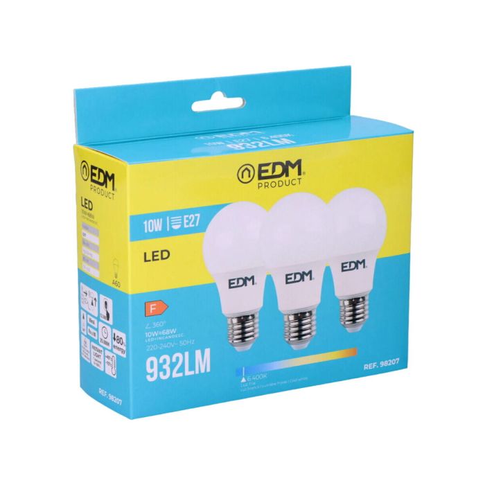 Pack de 3 bombillas LED EDM F 10 W E27 810 Lm Ø 6 x 10,8 cm (6400 K)