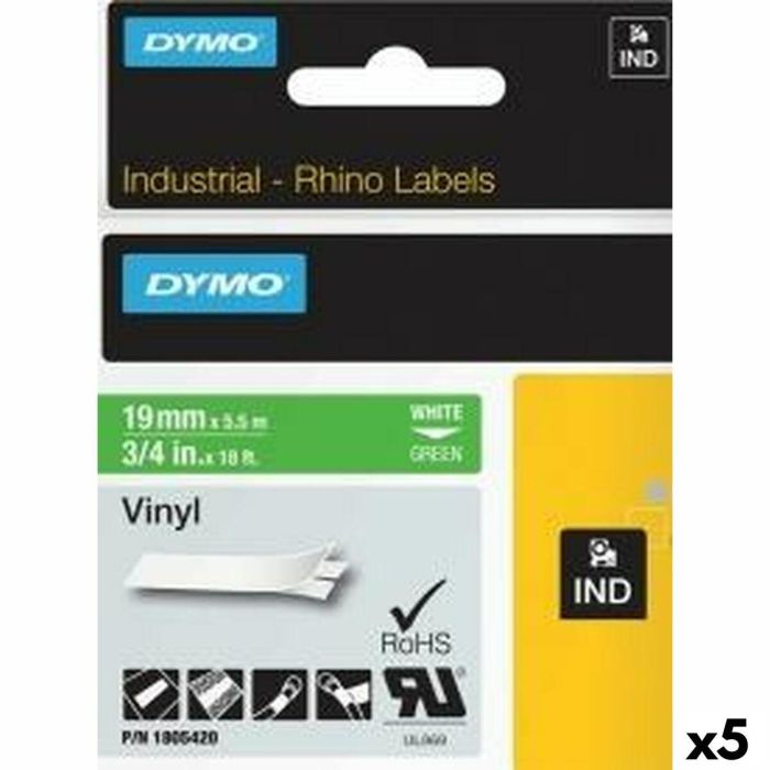 Cinta Laminada para Rotuladoras Rhino Dymo ID1-19 19 x 5,5 mm Blanco Verde Vinilo Autoadhesivas (5 Unidades)