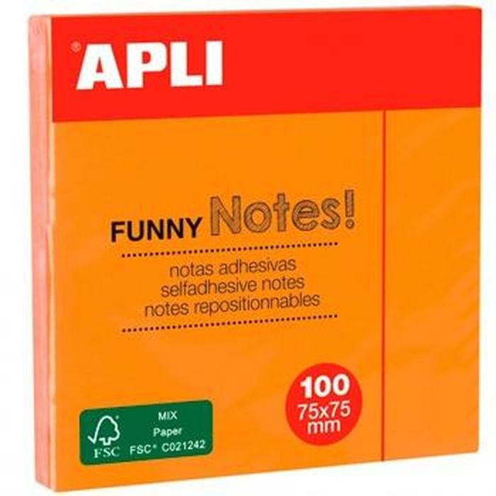 Apli Bloc Notas Adhesivas Funny Reposicionables 100H 75x75 Naranja Fluorescente Pack 12 Ud