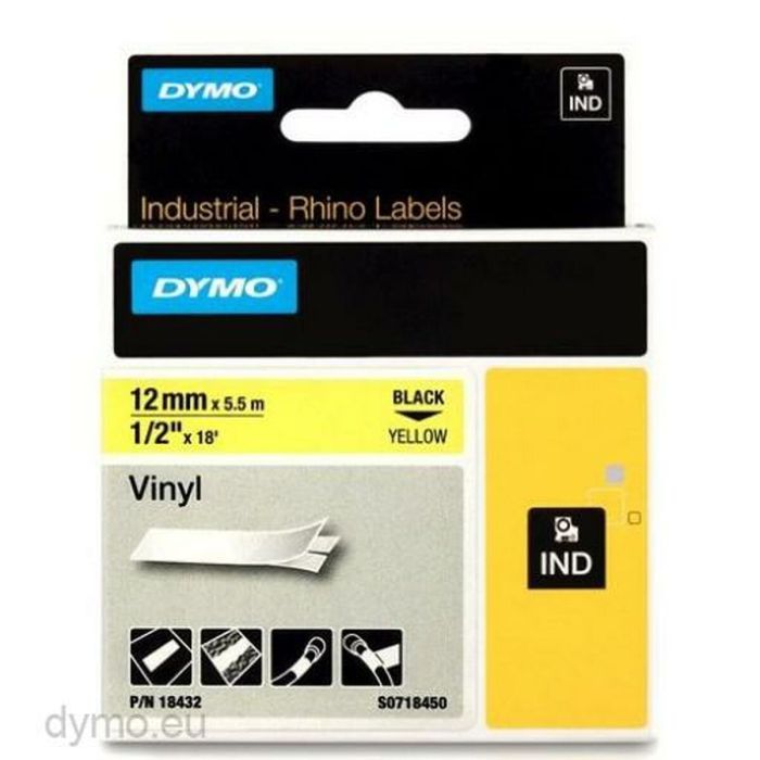 Cinta Laminada para Rotuladoras Rhino Dymo ID1-12 12 x 5,5 mm Negro Amarillo Vinilo Autoadhesivas (5 Unidades) 1