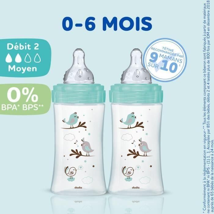 Conjunto de 3 Dodie Anti -color Biberons Iniciation+ - Glass - 270ml - 0-6 meses - Pacificador redondo - Flujo 2 3