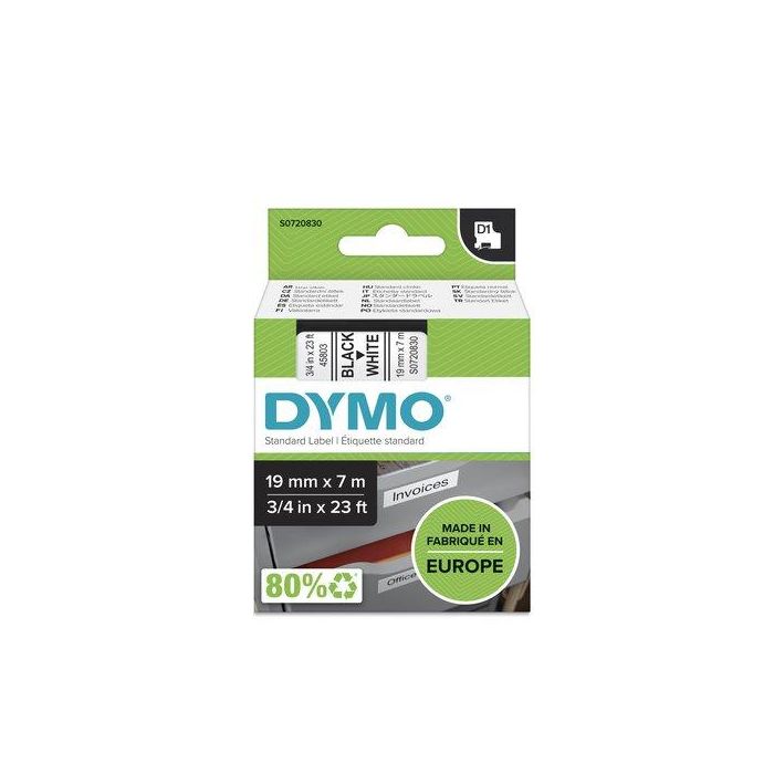 Dymo 45803 Cinta de Transferencia Térmica D1, Negro sobre Blanco, 19 mm x 7 m, Poliéster Autoadhesiva, para Rotuladora Labelmanager