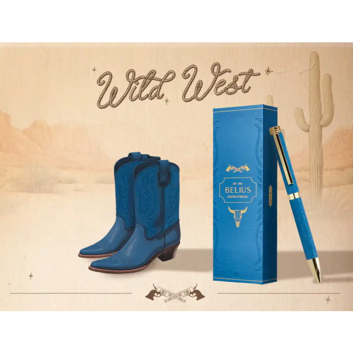 Belius Wild West Bolígrafo Aluminio Azul Marino Dorado Tinta Azul Caja Diseño 3