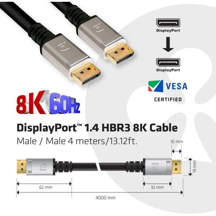 Club3D Cable DisplayPort 1.4 HBR3 32.4Gb/s 4m Macho a Macho 8K@60Hz para PC/Monitor 2 Club3D Cable DisplayPort 1.4 HBR3 32.4Gb/s 4m Macho a Macho 8K@60Hz para PC/Monitor 2