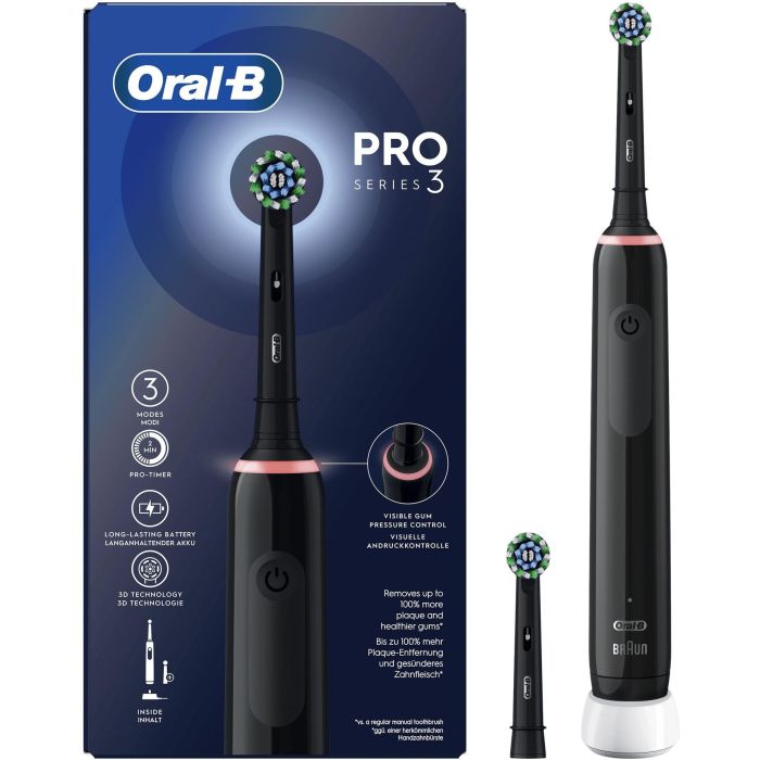 Braun Oral-B Cepillo Dental Eléctrico Pro 3 3000 Negro con 1 Recambio y Sensor de Presión 360º, 3 Modos de Limpieza